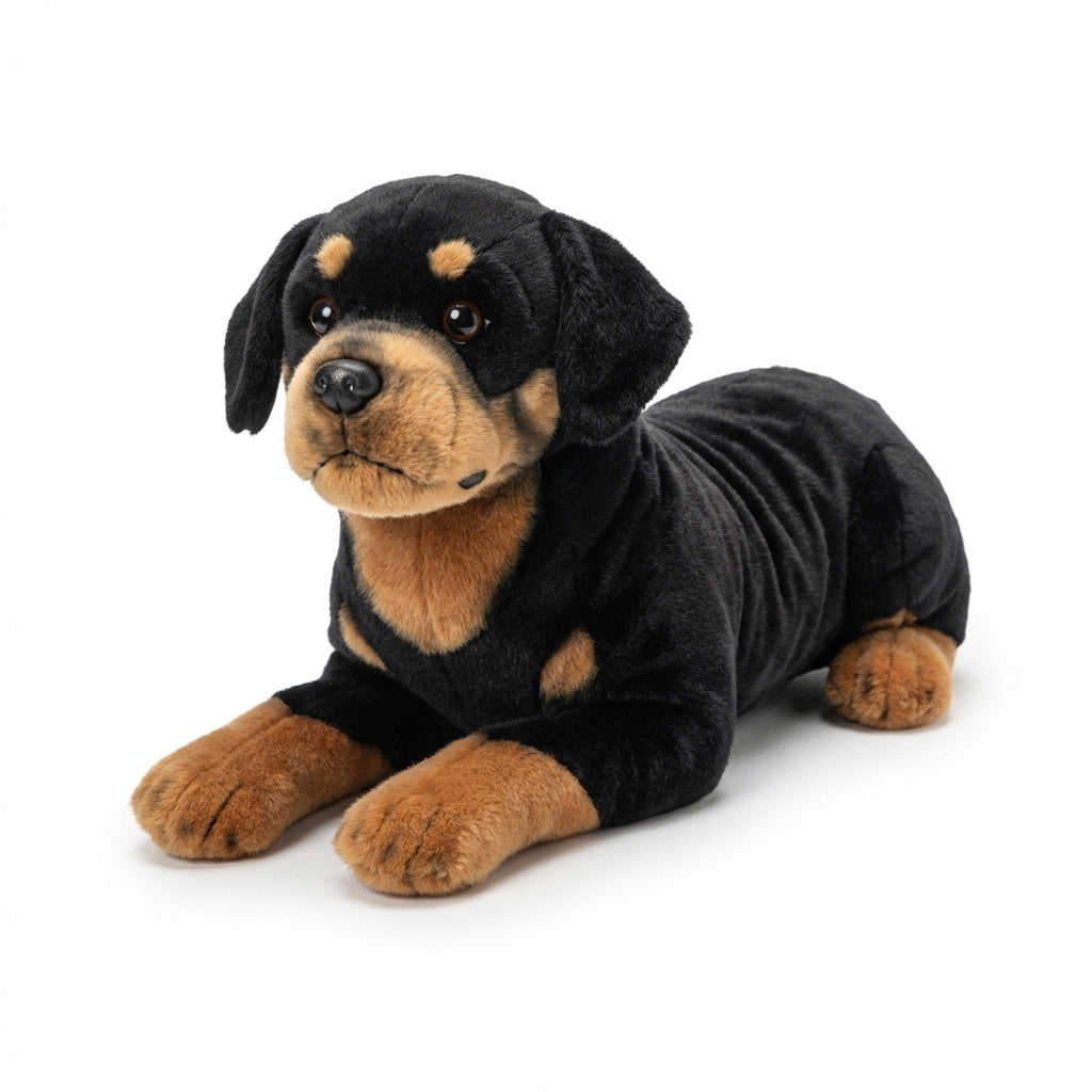 Rottweiler leżący – realistyczna maskotka psa 50cm | Wyjątkowy prezent